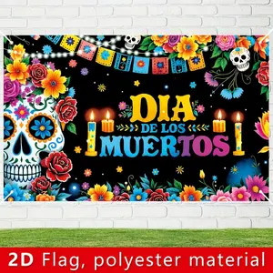 Dia De Los Muertos 2D Flat Banner 180cm/110cm Mexican Day of the Dead Background Decoration Vibrant Floral Skulls Candles Polyester Ornaments Traditional Colorful