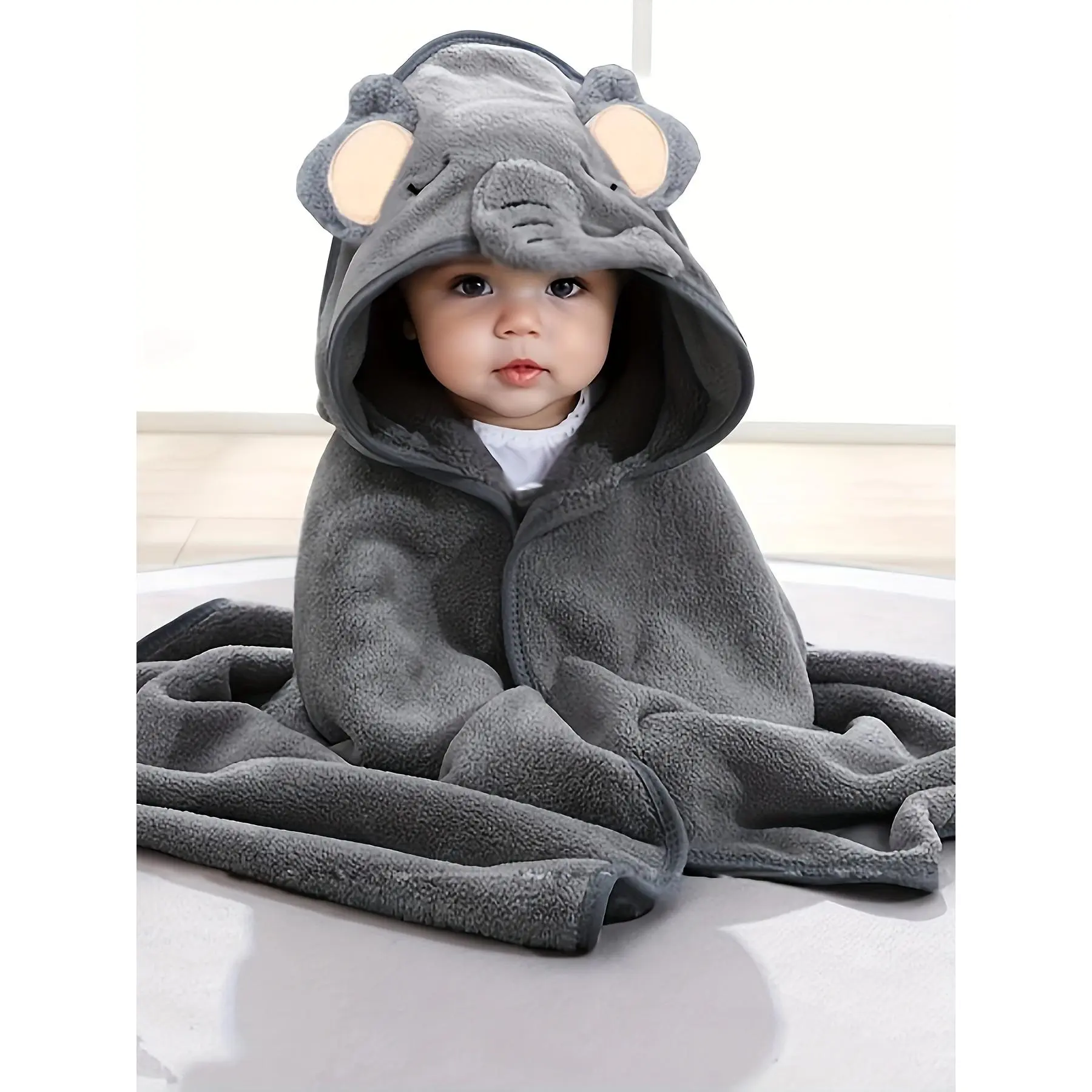 Hooded Bath Towels for Babies - Super Absorbent Microfiber Bathrobe Set with Adorable Elephant Design, Matching Hat, Soft Cozy, Machine Washable, for 0-2 Years Boys Girls, Kids' Bath Accessories