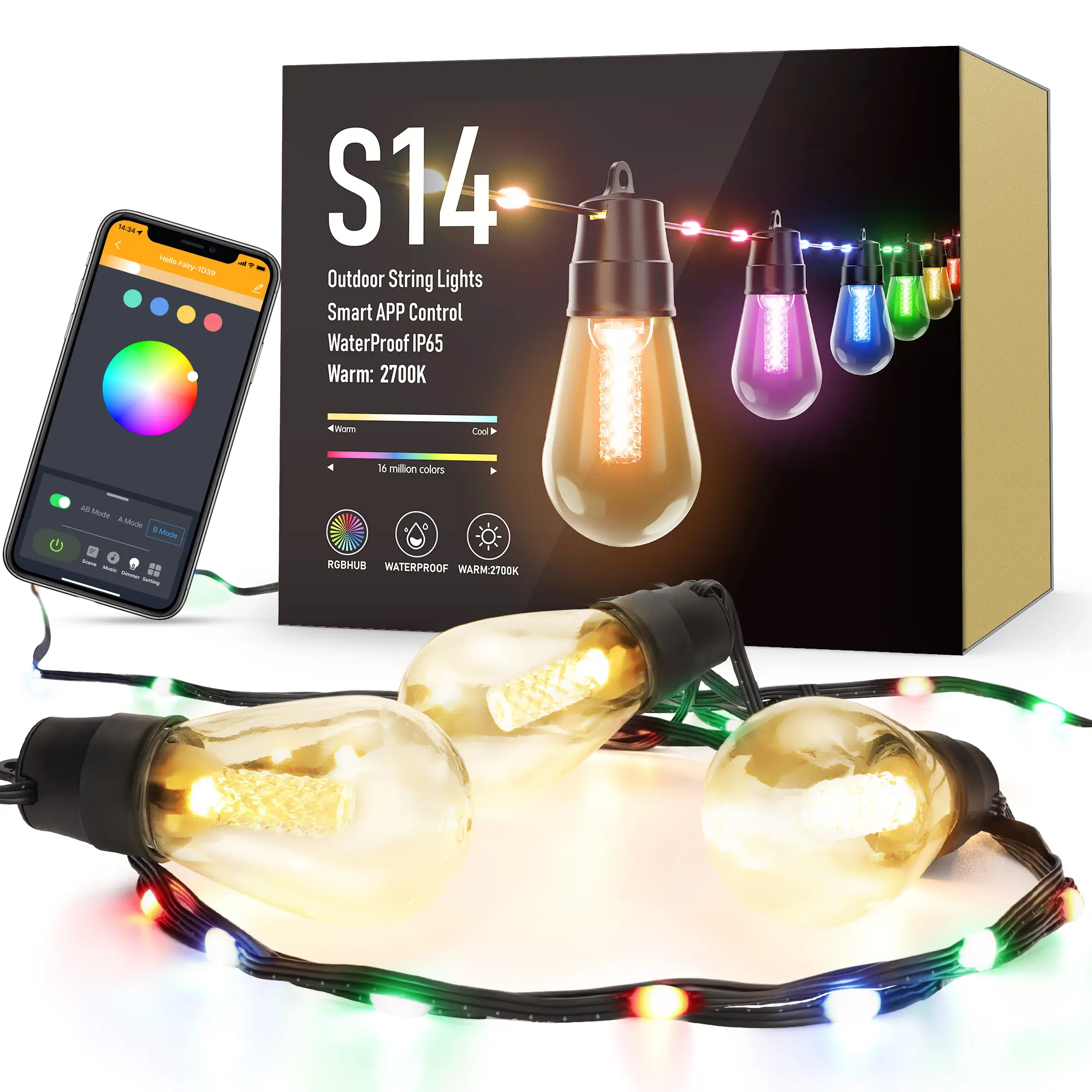 FLACCHI Smart Outdoor Patio String Lights - 46ft S14 Waterproof Shatterproof Bluetooth APP Remote Control Dimmable RGB & Warm White Light, for Backyard Decor, Garden Accessories, Home & Outdoor Use