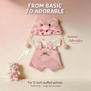 TEDDY HUGGY Adorable Teddy Bear Collection - Little Pig Overalls Paired with a Cute Teddy Bear - 12 Inches Tall - Soft Plush Toy with Movable Joints - The Perfect Gift for Any Age.