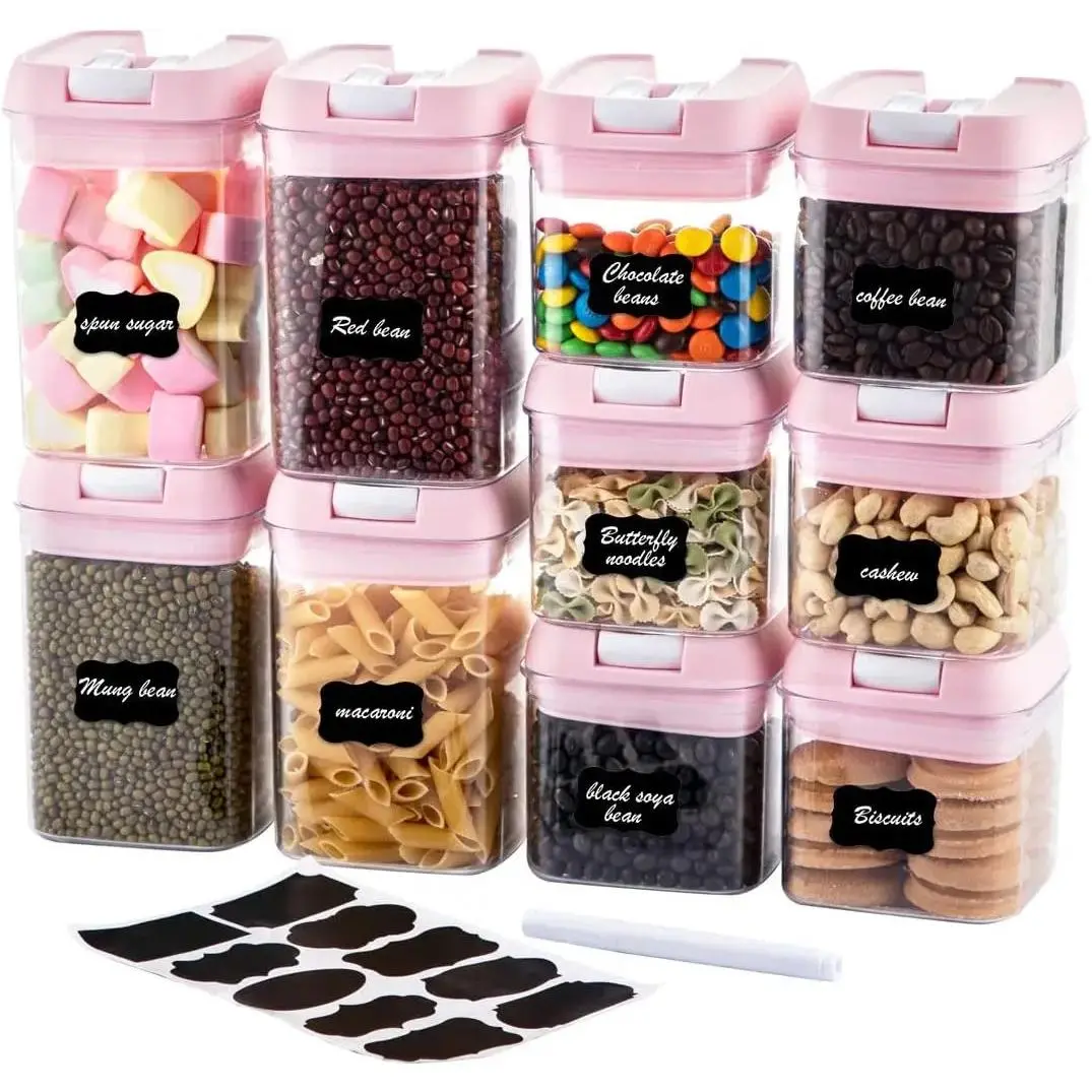 Airtight  Storage Container Set-10   Clear Plastic Cereal Canisters with Easy Lock Lids-Kitchen & Pantry Organization Containers for Sugar, Flour, Cereal, Labels & Marker(Pink)