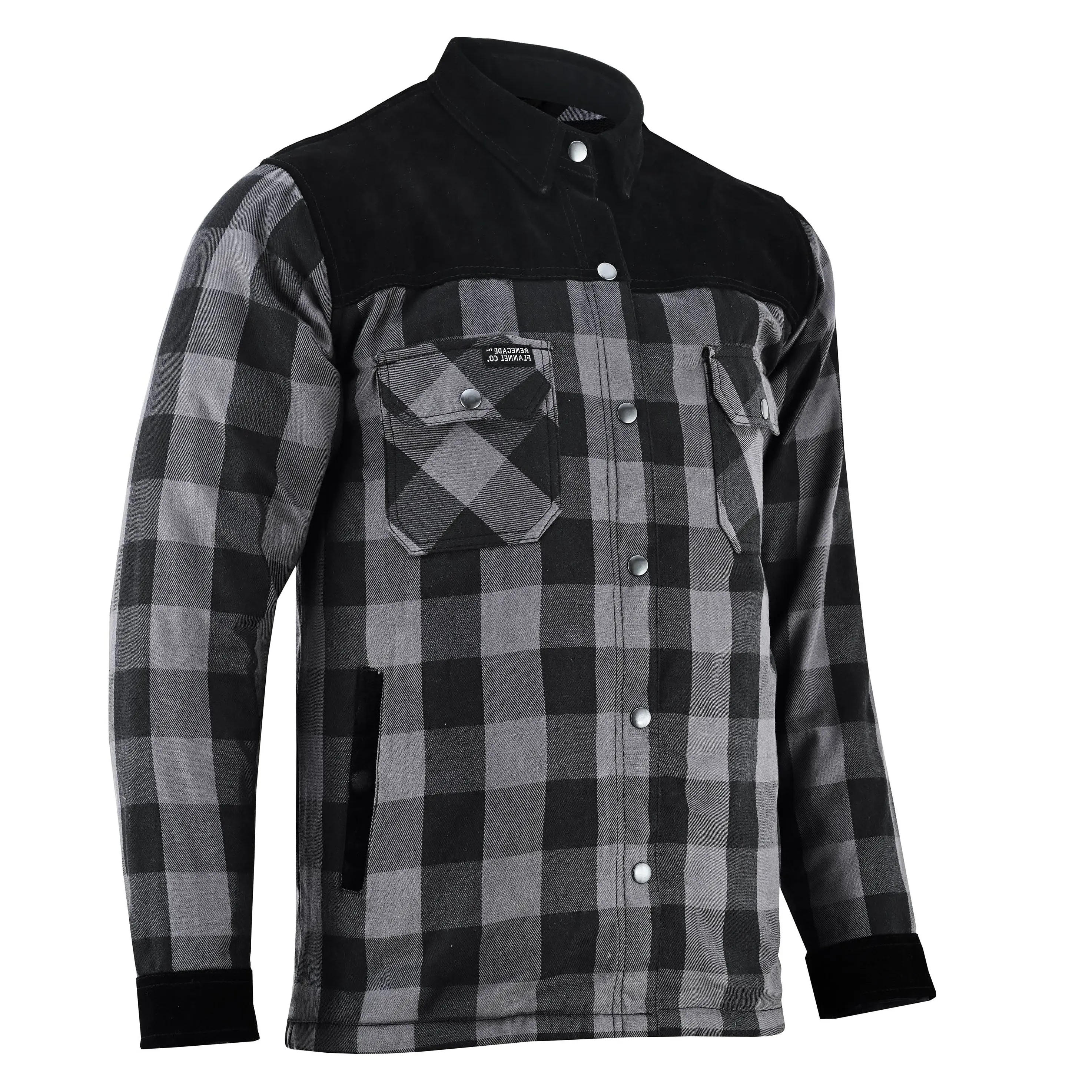 RENEGADE CLASSICS Men's Grindstone Grey Plaid Flannel Motorcycle Shirt with Kevlar Lining, Concealed Carry Pockets, and Zipper Closure, Tops, Mesh, Menswear, Shell, Utility, Cotton, Soft, Long Sleeve, Full Sleeves, Adjustable Cuffs