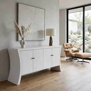 White Refined Wood 4-Door Industrial Credenza - Wooden Arc Legs, Bronze Clasps, Advanced Storage Design, Advanced Engineering, Solid Craftsmanship, Assembly Required Living Room Cupboard Furniture