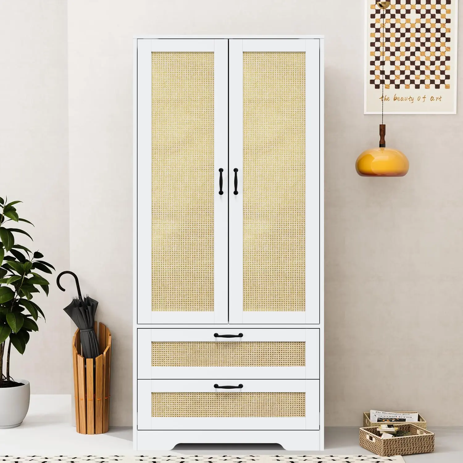 Minimalist Freestanding Modern Double-Door Wardrobe Closet Armoire - Low, Classic 63.5in×27.5in×18.9in Rattan-Style Wood Cabinet with Drawers for Bedrooms, Guest Room, Wood Wardrobe Cabinet