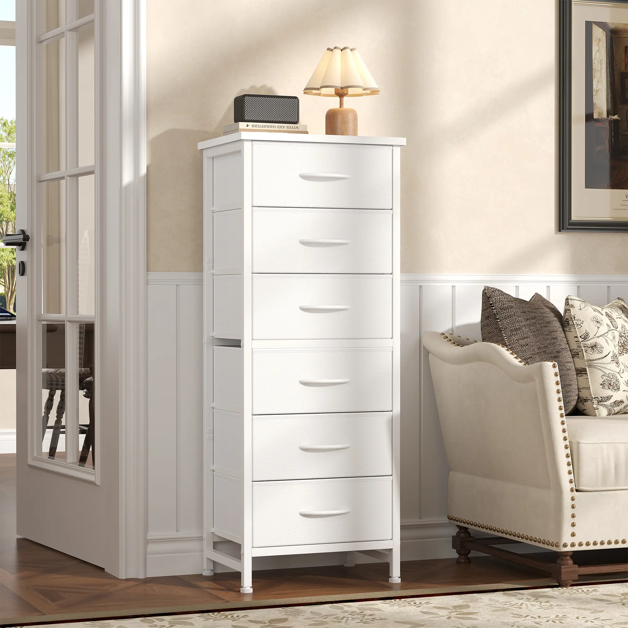 Sweetcrispy Drawer Chest Dresser - 6 Fabric Drawers, Metal Frame with Cross Support Rods, Anti-Tip Design, Wood Top, Minimalist Tower, Modern Storage Unit for Bedroom Compact Spaces Indoor Furniture Organization, Minimalist Drawer Tower