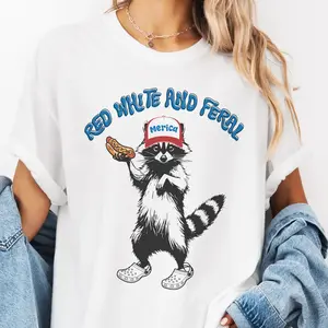 USA Red White Feral Racoon Graphic Tee Vintage Hot dog Party America Patriotic Racoon Tshirt Trucker Hat Hot Dog Eating Redneck Shirt Unisex Casual Womens Top
