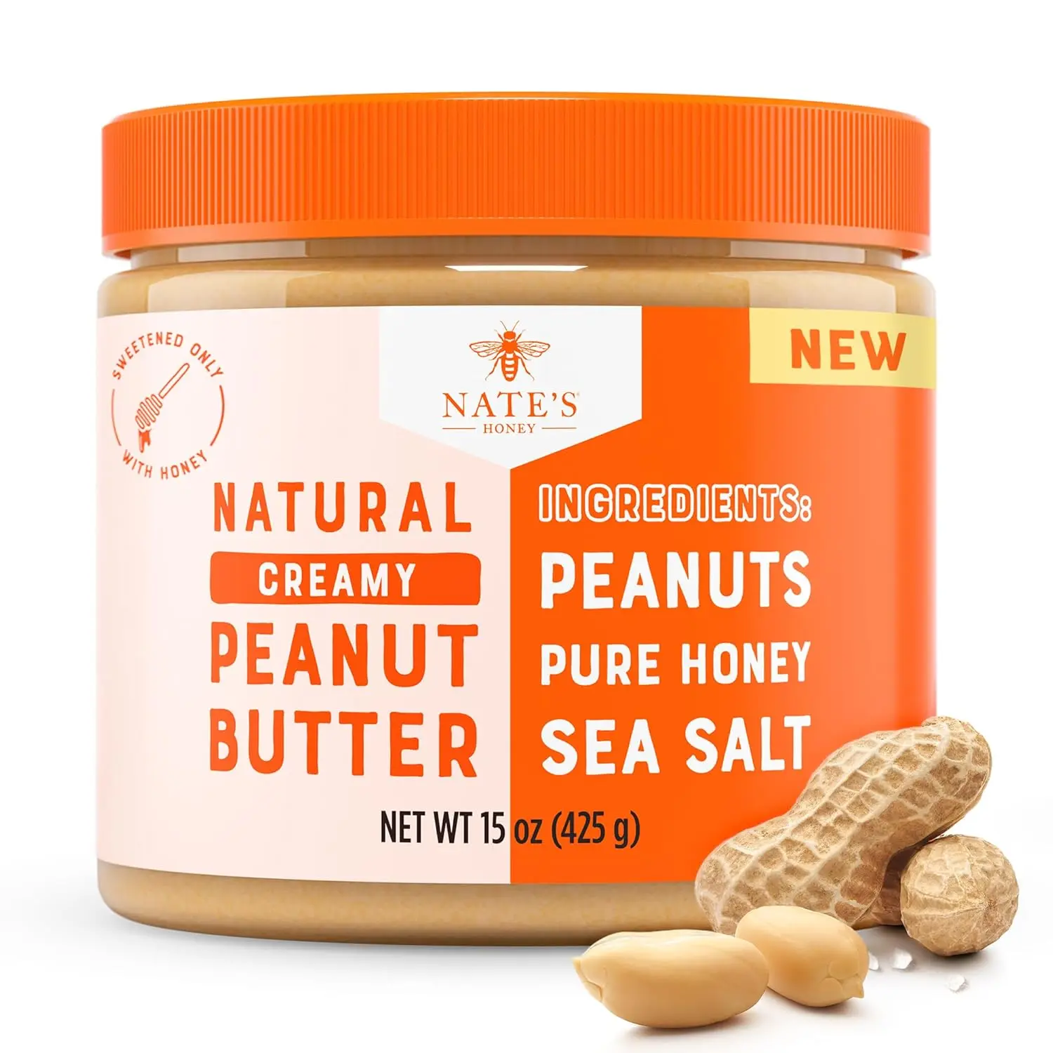 Nate's Honey Peanut Butter, Creamy Natural Peanut Spread, 3 Simple Ingredients, Honey Sweetened, 15 oz Jar, No Refined Sugar or Palm Oil, Easy to Stir
