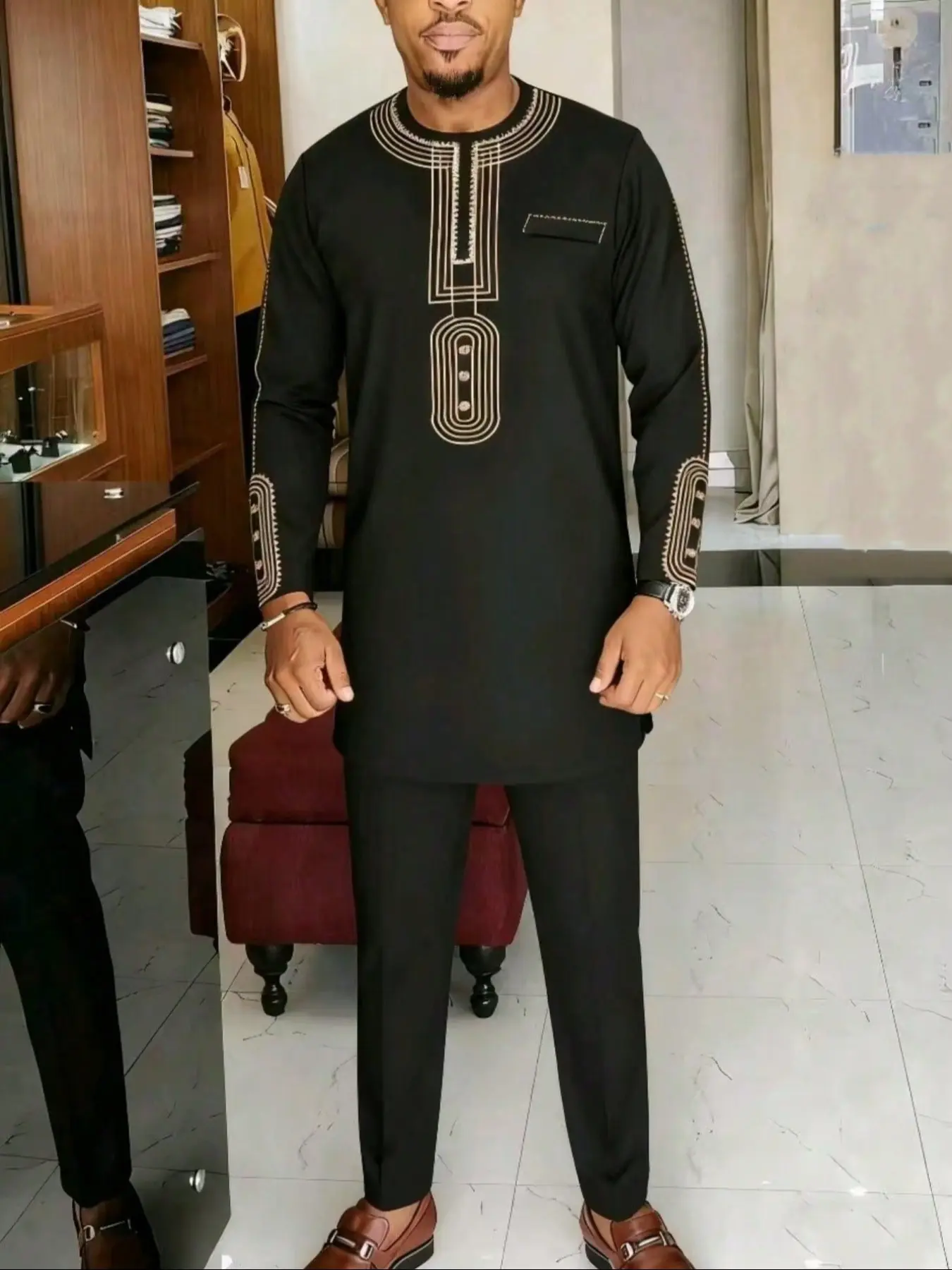 Men's Muslim African Ethnic Kurta Long Sleeve Embroidered Round Neck Top and Casual Pants Set Outfits, Traditional Modest Clothing for Weddings and Festivals