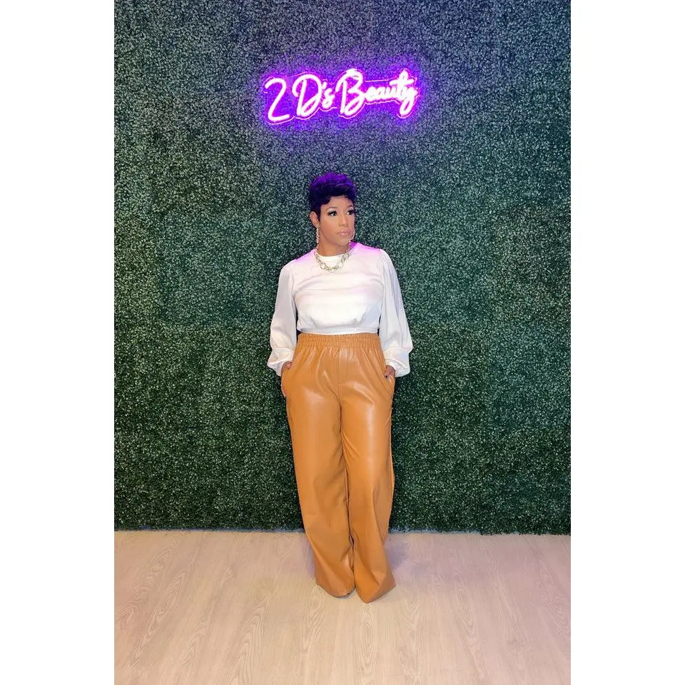 Wide Leg Leather Pants - Camel