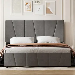Garvee Modern Linen Upholstered Queen Bed Frame, Queen Size Platform Bed Frame with Adjustable Headboard, 2 Storage Drawers, Wooden Slat Support, No Box Spring Needed,Dark Grey