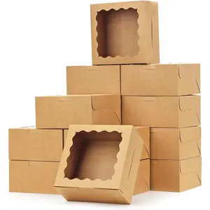 15 count Cookie Boxes with Window, 6x6x3in Brown Bakery Boxes for , Small Cake, Desserts, Donuts, Pastry