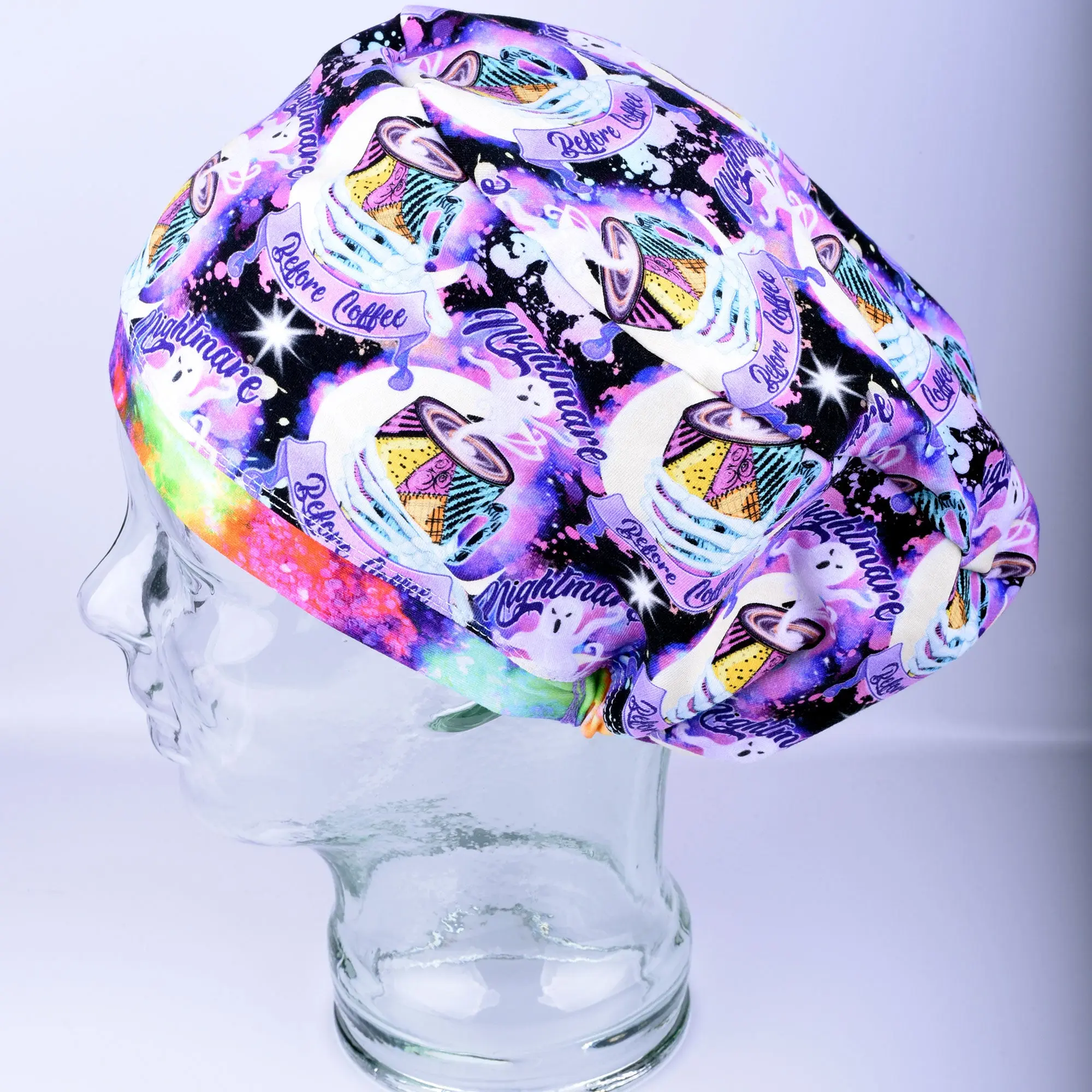Nightmare Before Coffee Euro Style Scrub Cap - Stretchy Adjustable Full Coverage Medical Hat for Nurses & Doctors | Nurse Uniform Workwear