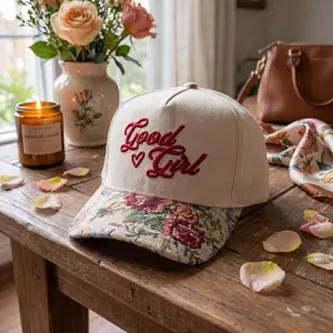 Floral Embroidered “Good Girl” Hat  Beige Vintage Trucker Cap Aesthetic | Retro Cute Baseball Hat for Women | Cottagecore Style | Birthday Gift for Her | Soft Girl Outfit Accessory | Trendy Floral Brim Cap for Everyday Wear
