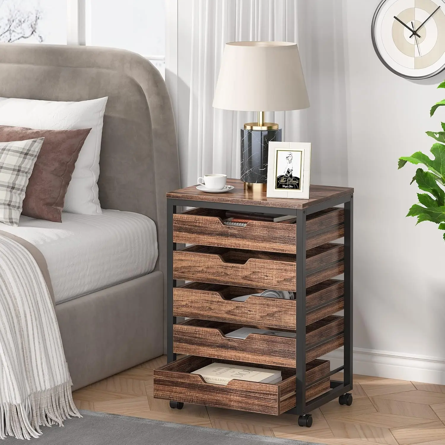 LITTLE TREE 5 Drawer Chest, Wood Storage Dresser Cabinet with Wheels, Industrial Storage Drawer Organizer Cart for Office Bedroom Entryway
