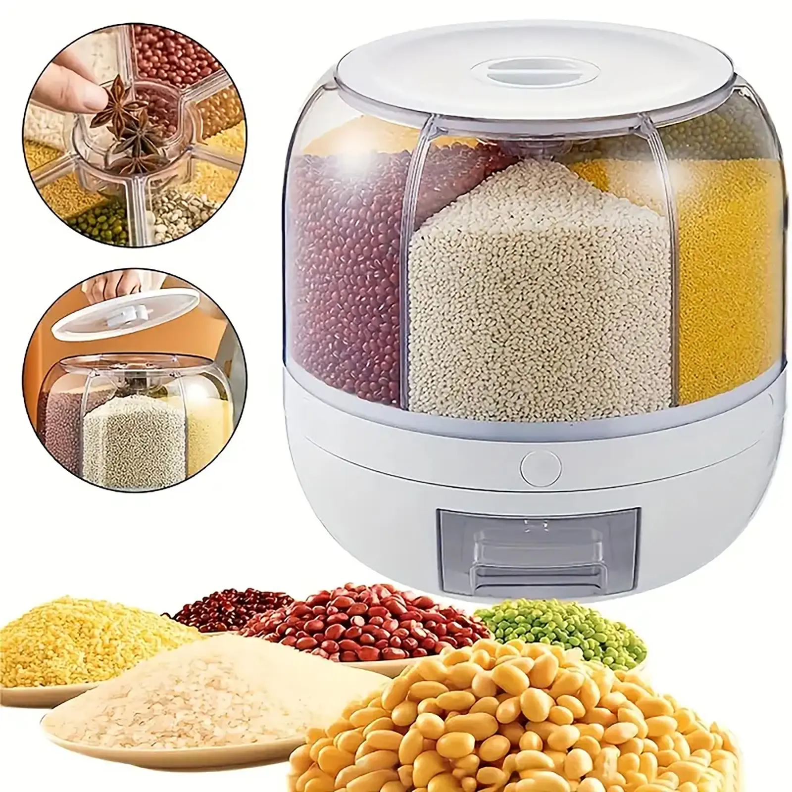 Smooth 6-Grid 360° Rotating Plastic Dry Food Storage Container - 1-Click Output Rice Dispenser for Moms, Multipurpose Organizer with Food Cover for Rice, Beans