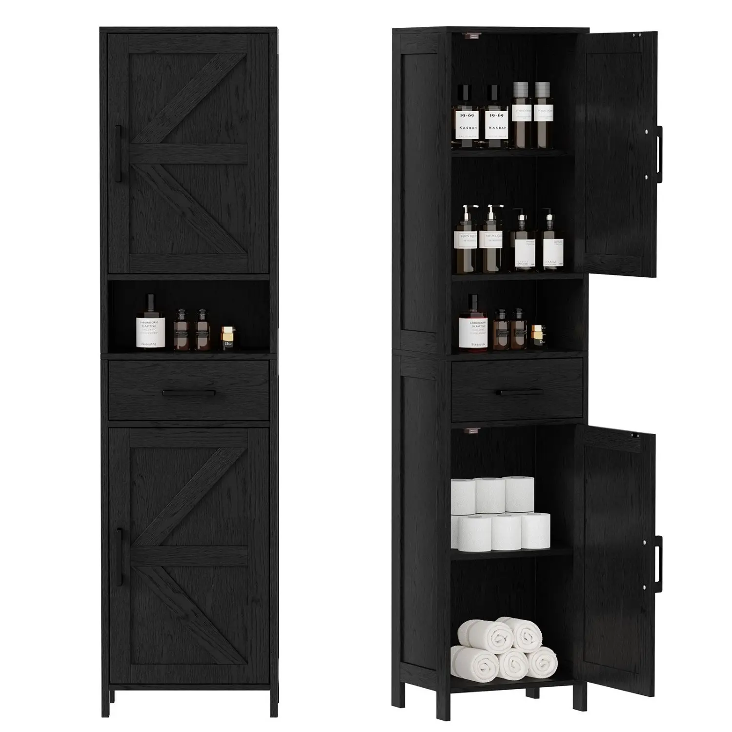 67" H Tall Bathroom Storage Cabinet with 2 Barn Doors and 1 Drawer, Narrow Storage Unit, Adjustable Shelves, Floor Cabinet for Bathroom, Living Room, Entryway, Kitchen, Black, (11.8" W)