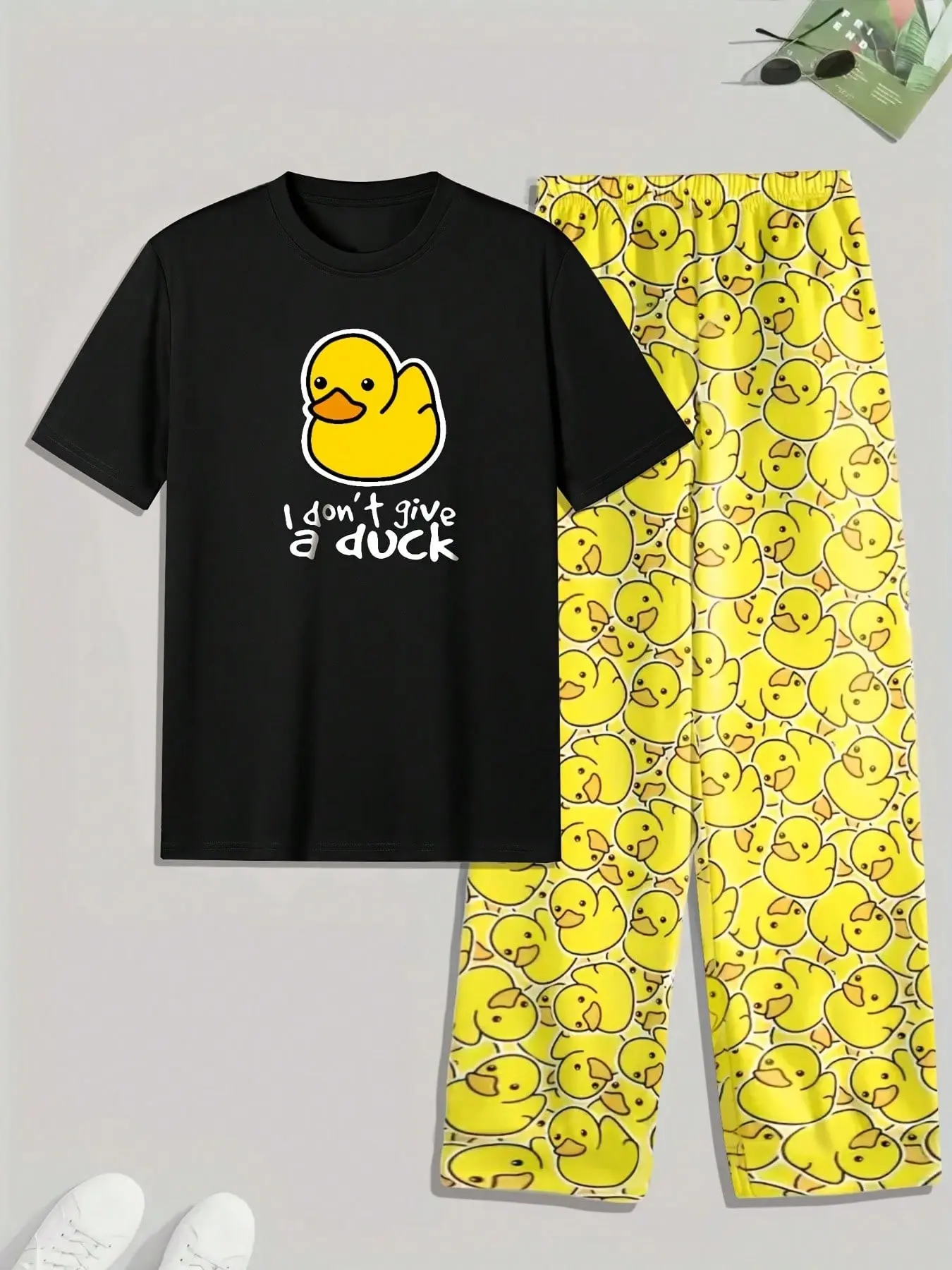 Men's Classic Casual Plaid Sleepwear Loungewear Pajama Set, Printed Duck Pattern, Short Pants, Comfortable Nightwear for Everyday Use, Pyjamas, Pjs