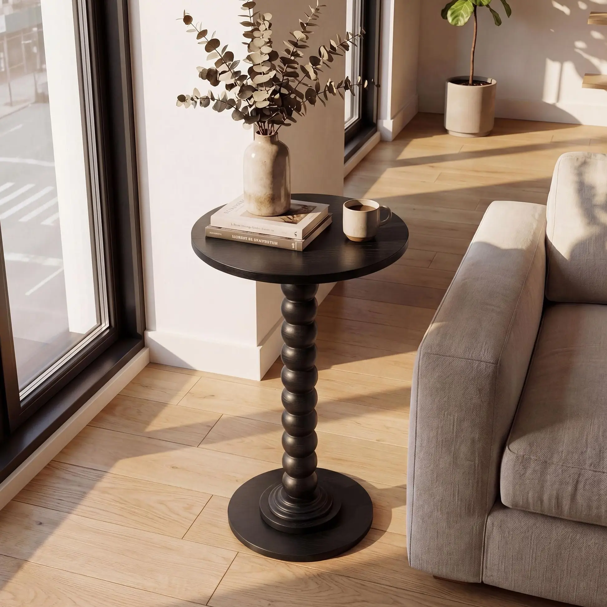 Sweetcrispy Circle Side End Table - Solid Wood Leg Small Side Table with MDF Top, 11.8" Dia Double Layer, Tool-Free Modern Bedside Nightstand for Living Room, Bedroom Furniture, Bedside Side Table