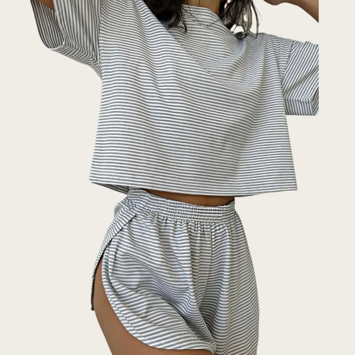 2 piece lounge set Trendy Striped Sleepwear | Women's Airy Spring Summer Outfit Relaxation Striped Lounge Set | Breathable Knit Pajamas | Women's Cozy Short Sleeve Shorts | Cozy Split-Side Shorts Sleep Set Loose Fit Loungewear for Home | side split short