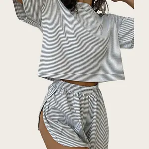 2 piece lounge set Trendy Striped Sleepwear | Women's Airy Spring Summer Outfit Relaxation Striped Lounge Set | Breathable Knit Pajamas | Women's Cozy Short Sleeve Shorts | Cozy Split-Side Shorts Sleep Set Loose Fit Loungewear for Home | side split short