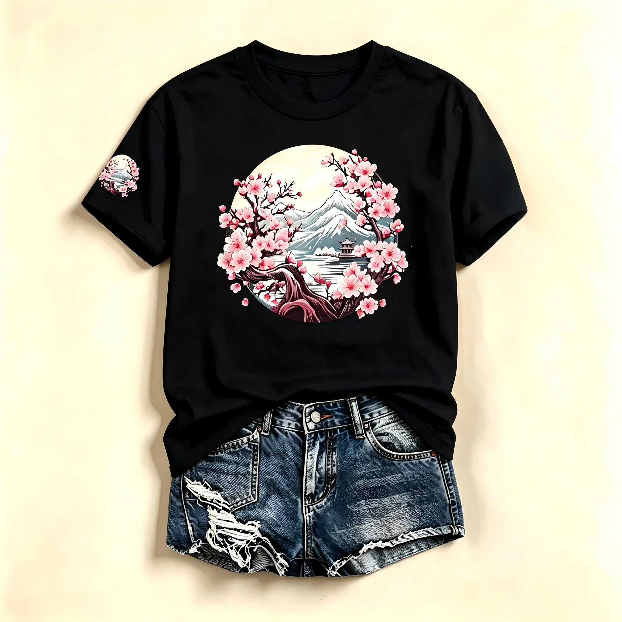 Women's Traditional Classic Floral Japanese Cherry Blossom Round Neck Shortsleeve Cotton Crewneck T-Shirt - Oriental Mountain Lake Pagoda Front & Sleeve Print Casual Tee, Cherry Print
