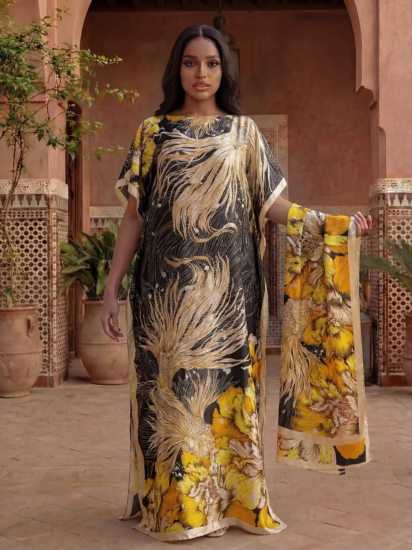 Women's Elegant Fashion Goldfish Pattern Robe Set, Long Dress + Headscarf Scarf Hairband, Beach Sun Protection Satin Silk Shawl, Beachwear, Summer Coverup, Swimwear Coverups, Swimsuit Cover Ups