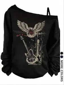 Women's Minimalist Long Sleeve Asymmetrical Neck Fitted Tank Top, Womenswear, Eagle and Electric Guitar Graphic Print, Comfortable Casual Wear for All Seasons
