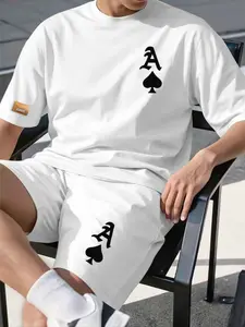 Men's Poker Letter Graphic Print Round Neck Short Sleeve Casual T-Shirt + Waist Drawstring Shorts Set, Matching Outdoor Leisure 2 Piece Clothes
