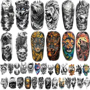 77 Sheets Forest Animals Temporary Tattoo for Women Men, 17 Sheets Half Arm Large Lion Tiger Wolf Fake Tattoos, 60 Sheets Black Skull Owl Bear Tiny for Adult Kids Body Tattoos Stickers Realistic