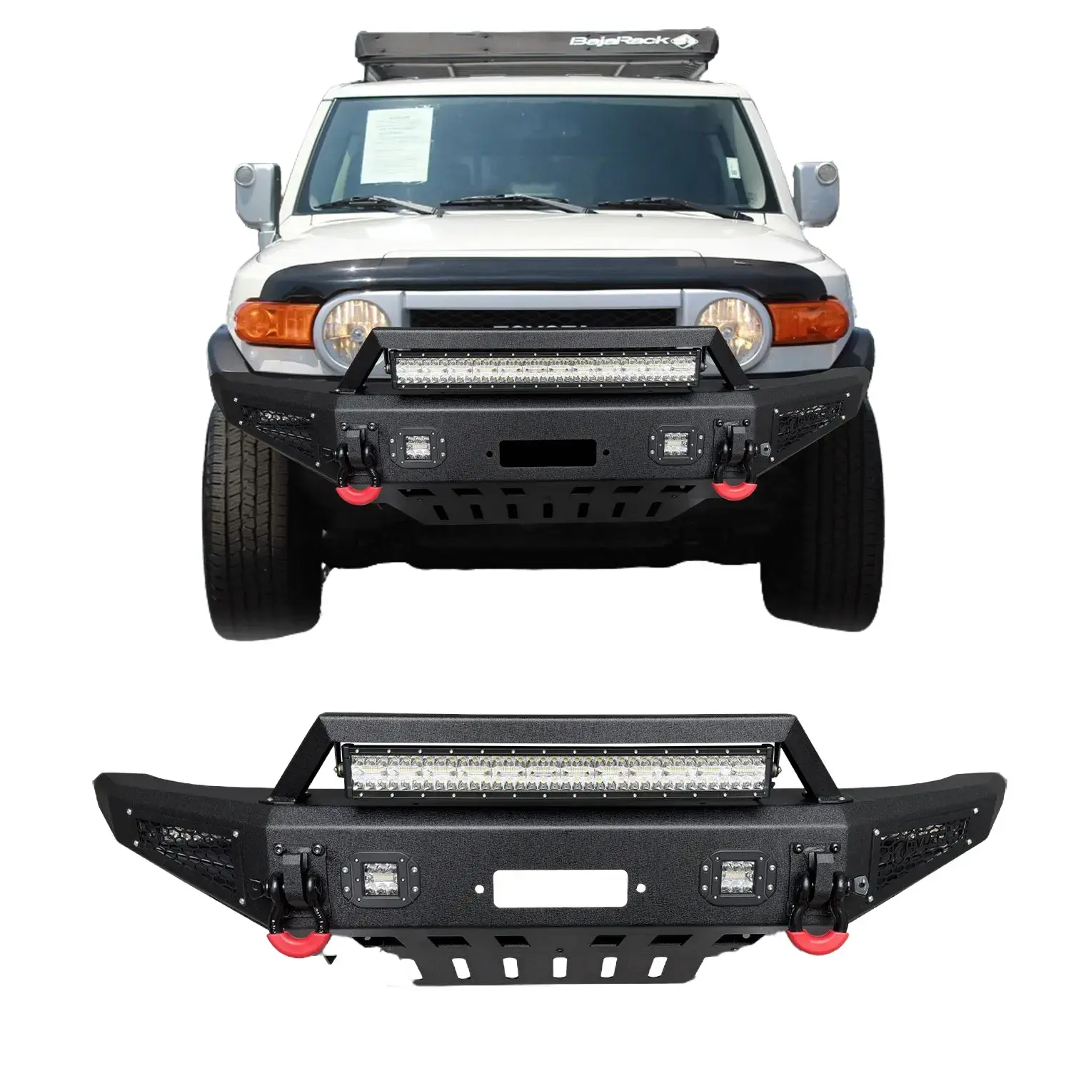 Vijay Custom Fit Black Textured Steel Front Bumper for 2007-2014 Toyota FJ Cruiser, Off-Road Ready Car Body Repair Auto Part with Winch Plate, LED Lights, 2 D-Rings, Versatile Attachment Options Simple screw installation, 2 X D-Rings