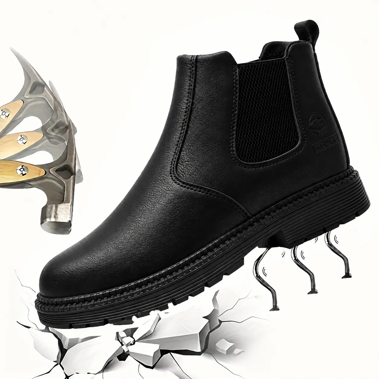 Black men's safety boots, light weight, good breathability, steel toe cap, industrial work boots, resistant to breakage, puncture and slip