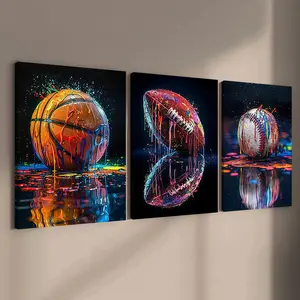 3-Piece Wood Frame Canvas Art Prints, Vibrant Sports Ball Creative Wall Decor, Modern Home Decoration, Waterproof High-Definition Poster, Wooden Wall Art