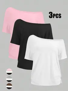 Women's Off-Shoulder Loose Casual Short Sleeve T-Shirt Set of 3, Comfortable Summer Tops for Daily Wear, Stylish and Versatile