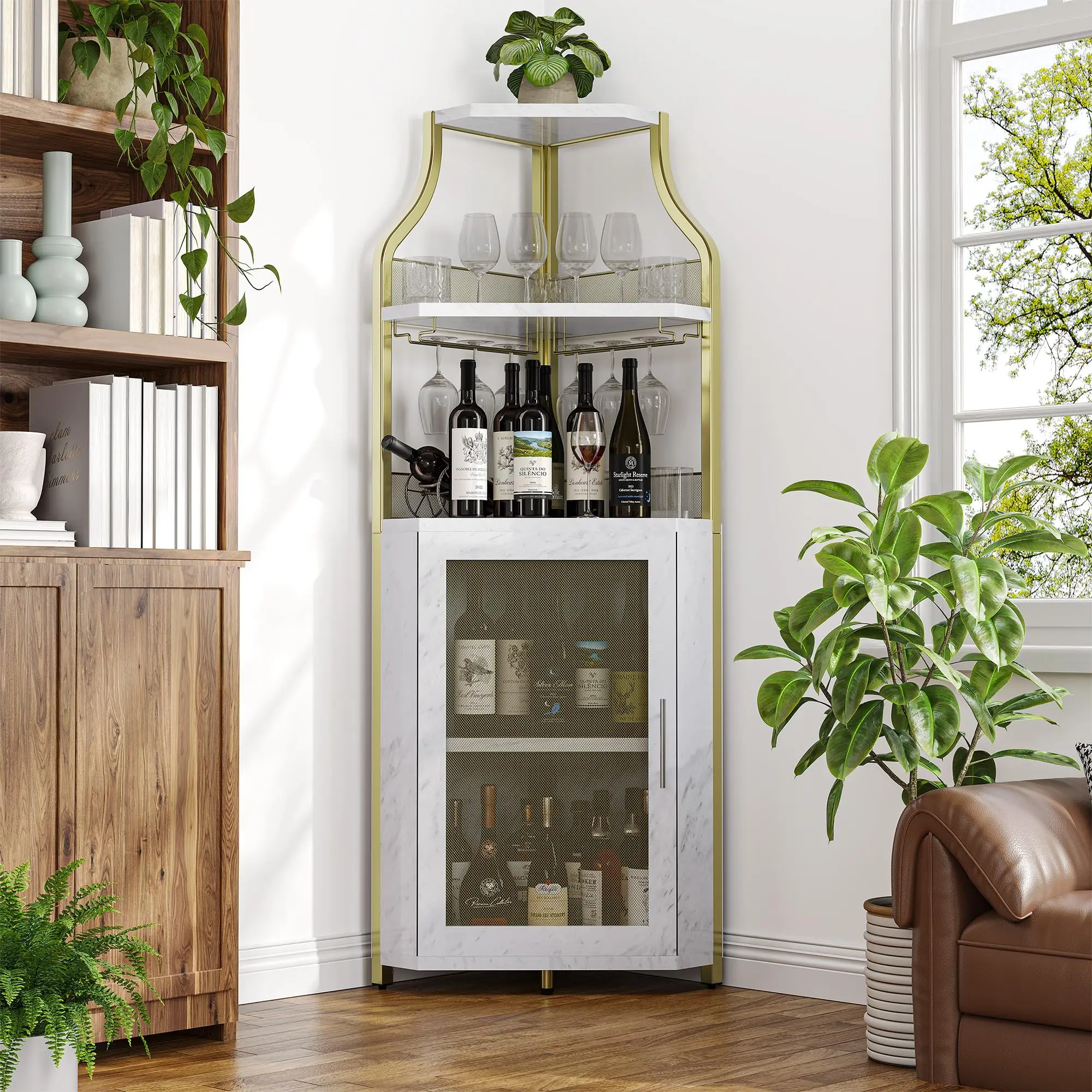 Corner Wine Cabinet with Glass Holder, 5-Tier Wine Bar Rack Cabinet with Mesh Door & Glass Holder,Industrial Liquor Storage Cabinet for Home, Kitchen, Dinning Room – Grey/Gold/White/Black/Brown/Rustic Oak – with/Without Light