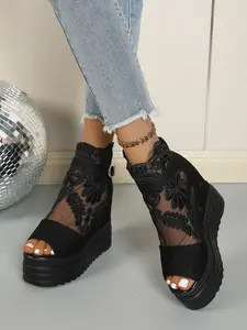 Women's 6CM Wedge Platform Peep Toe Sandals | Gothic Lolita Y2K Floral Lace Style | Mesh, Back Zipper, Buckle Strap, Non-Slip Sole | For Cosplay, Bridal, Music Festival, Daily Wear