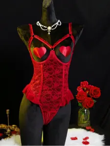 Christmas Sexy Lace Patchwork Mesh Cut-Out Thong Women's Jumpsuit with Steel Ring, 3 Piece Set, Perfect for Romantic Nights and Weddings,girls night outfits,whimsy clothing,night out top,women's clothing,halter top