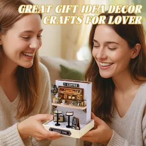 Handmade 3D Wooden Mini Set, Includes Coffee Shop Furniture, Mini House with Coffee Bar, Table Chairs, Micro Coffee, DIY Model, Gift, Home Decoration