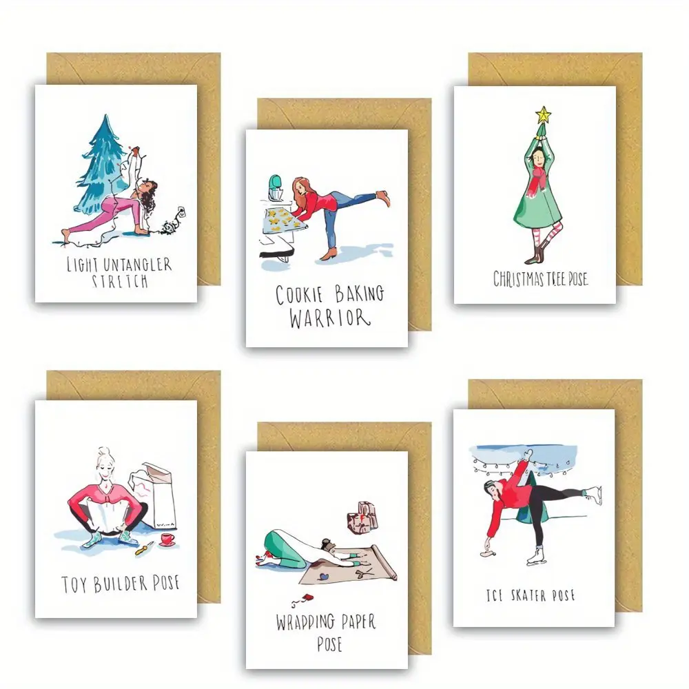 24 (6 unique designs  4 each) fun Christmas cards with envelopes  holiday cards  yoga Christmas cards  various Christmas card sets  blank cards  thank you cards  Christmas gifts for friends  family  mom  and dad