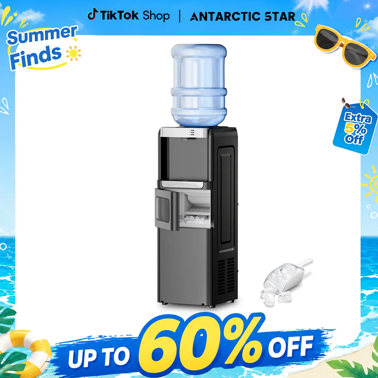 Antarctic Star 3-in-1 Hot and Cold Beverage Water Cooler Chiller Dispenser with Built-in Ice Maker, 3-5 Gal Bottle Compatibility, Child Safety Lock, Black, Beverage Dispenser