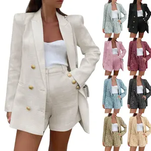 Goranbon Womens 2 Piece Tweed Blazer Shorts Sets Long Sleeve Double Breasted Suit Jackets Business Outfit