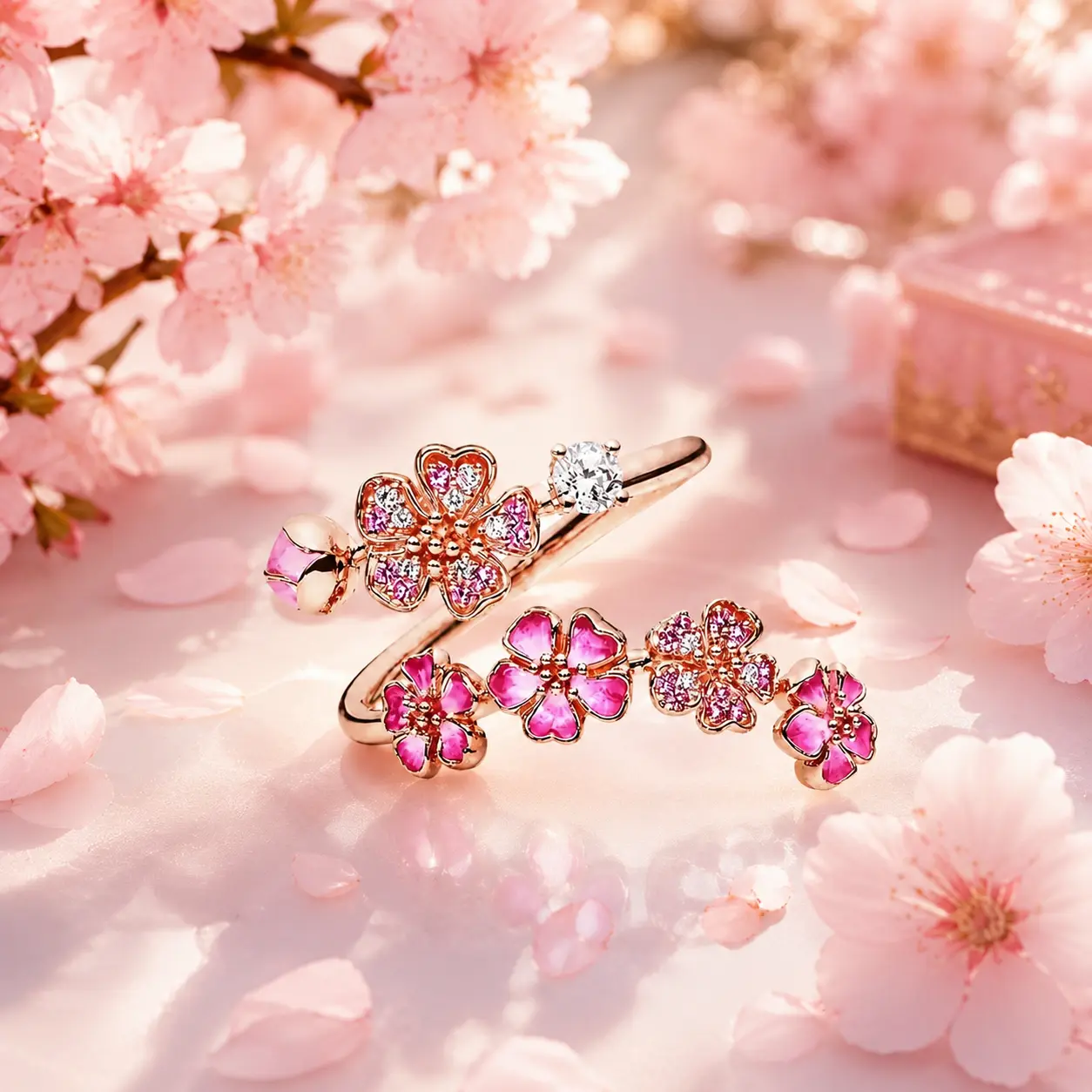 Peach Blossom Ring for Women, Pink Cherry Blossom Adjustable Ring, Floral Open Wrap Band Jewelry, Sparkling Cubic Zirconia Flower Ring, Bridesmaid Wedding Jewelry, Minimalist Everyday Accessory, Birthday Anniversary Gift for Her