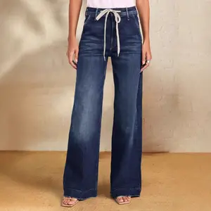 Women's 2025 Spring New Adjustable Drawstring Elastic Straight Leg Jeans - Long, Elegant Wide-Leg Trousers, Comfortable Jeans for Womenswear Bottoms