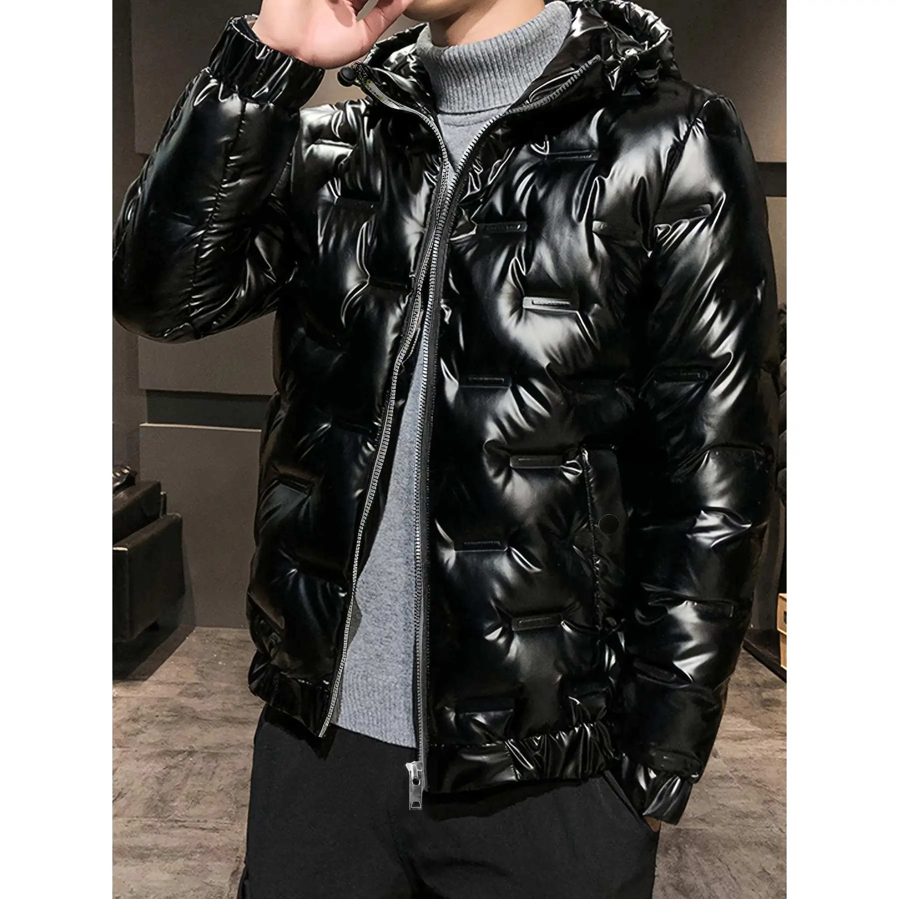 Men's Glossy Hooded Puffer Jacket, Thick Loose-Fit Winter Outerwear, Stylish Tops for Outdoor Sports, Casual, Coat, Long Sleeve, Menswear, Polyester, Gloss Finish, Puffy Shape, Loose-Fitting