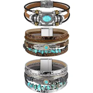 3 Pcs 7.87 inch leather Turquoise Bracelet for Women Leather Bracelet Western Jewelry for Women Silver Bohemian Turquoise Cuff Bangle Beauty & Personal Care