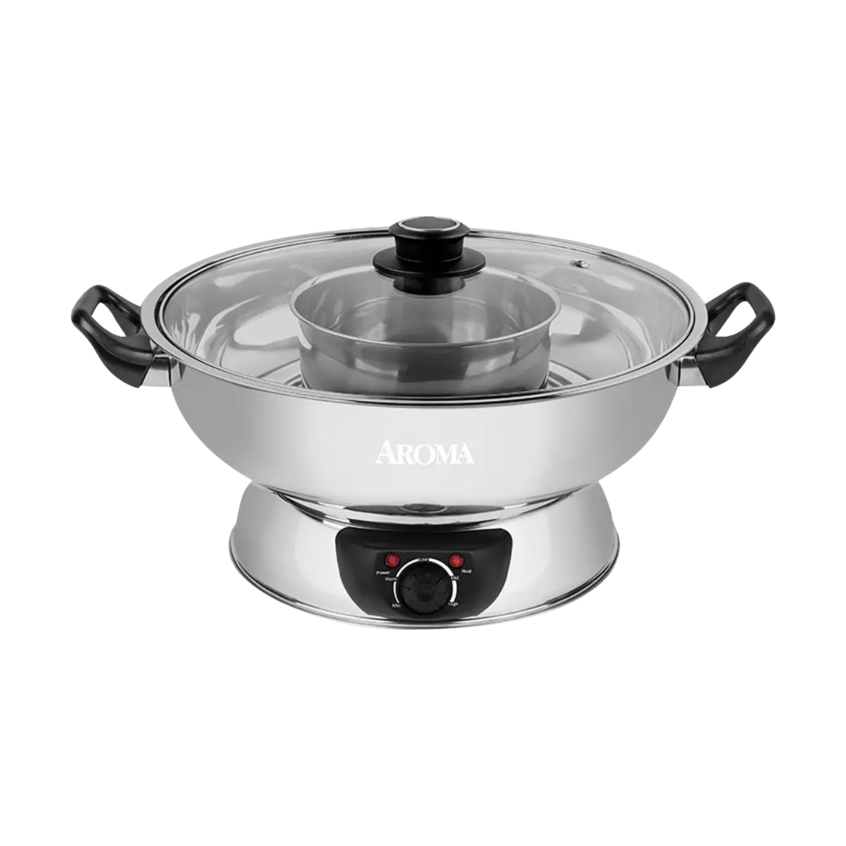 AROMA 5QT Stainless Steel Dual-Compartment Electric Hot Pot - Heats Food, Ideal for Christmas, Valentine's Day