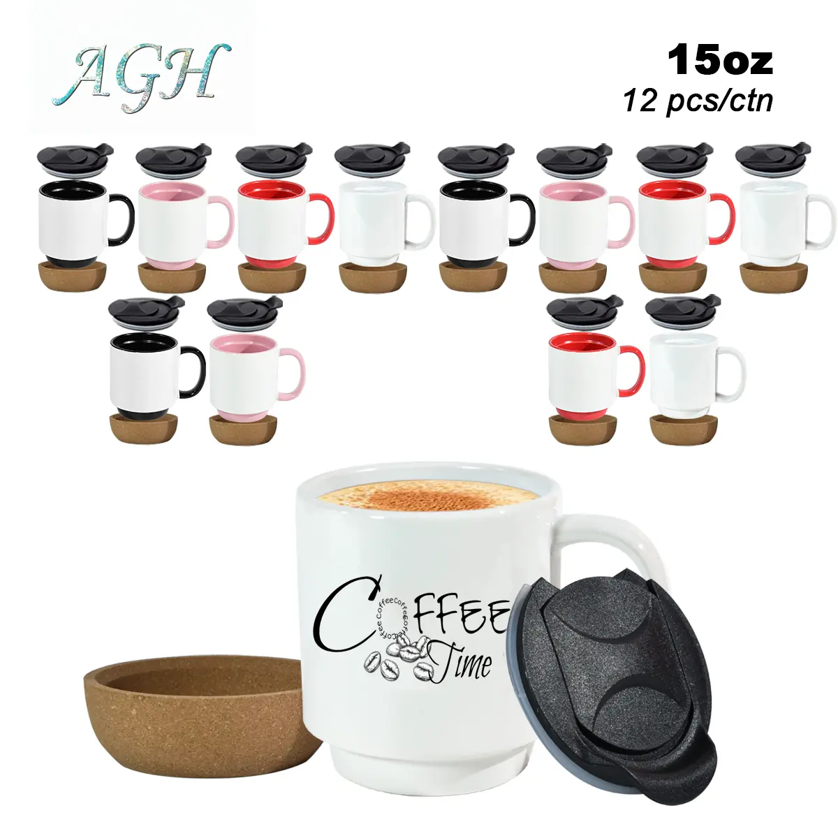 AGH 12pcs 15oz Sublimation Ceramic Mugs with Wooden Bottom Mixed Color Coffee Cups with Lids for DIY Sub UVDTF Gifts Drinkware