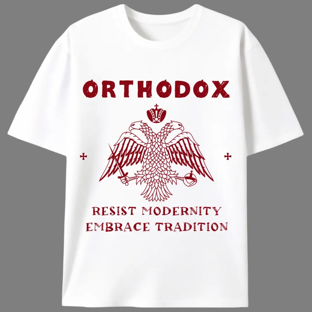 Men's 100% Stretch Knit Cotton Basic T-Shirt - Casual Crew Neck, Split Sleeve, Fitted Cut, Traditional Byzantine Orthodox Printed Graphic, Machine Washable, All Seasons Menswear Top