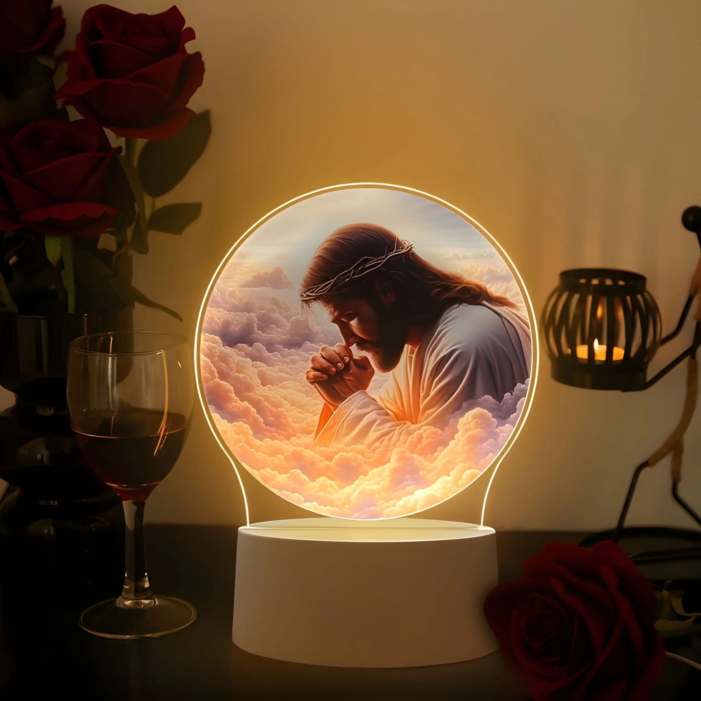 Acrylic Jesus Night Light, Round Religious Inspired Decor, USB Powered, Home Office Living Room Art Frame Craft, Stylish Religious Decor, Religious Decorations, Thanksgiving Christmas Decoration