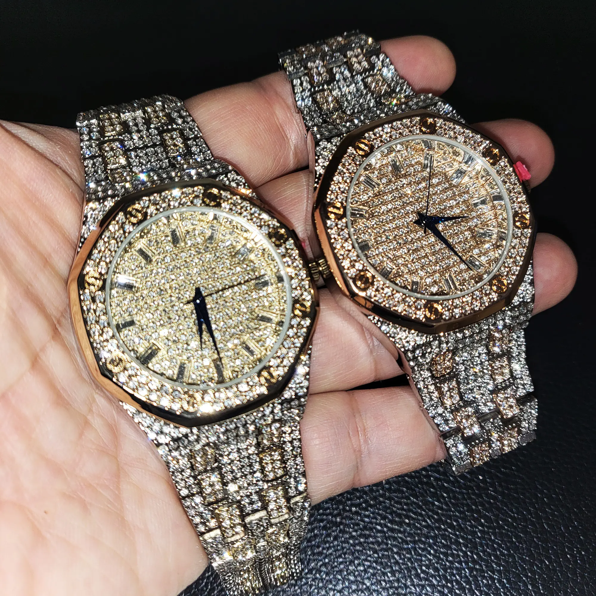 MaxBling81 Men's Luxury Iced Out Diamond Simulate Wrist Watch, 43mm Gold Plated Alloy Octagonal Face, Waterproof Quartz Movement with Adjustable Links, Diamond Wrist Watch, Fashionable Wristwatch, Luxury Wear