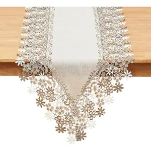 Neutral Earth  Beige Floral Lace Table Runner Dresser Scarf 36 inches Long for  Decor (16" x36", )